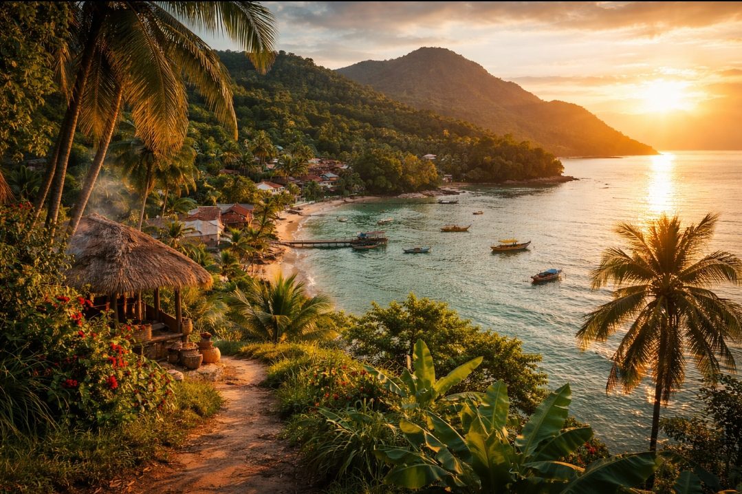 Sunset over a tropical coastal village with boats anchored near shore.