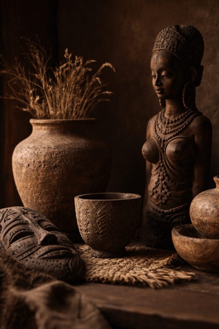 A rustic arrangement of tribal artifacts and pottery in warm light.