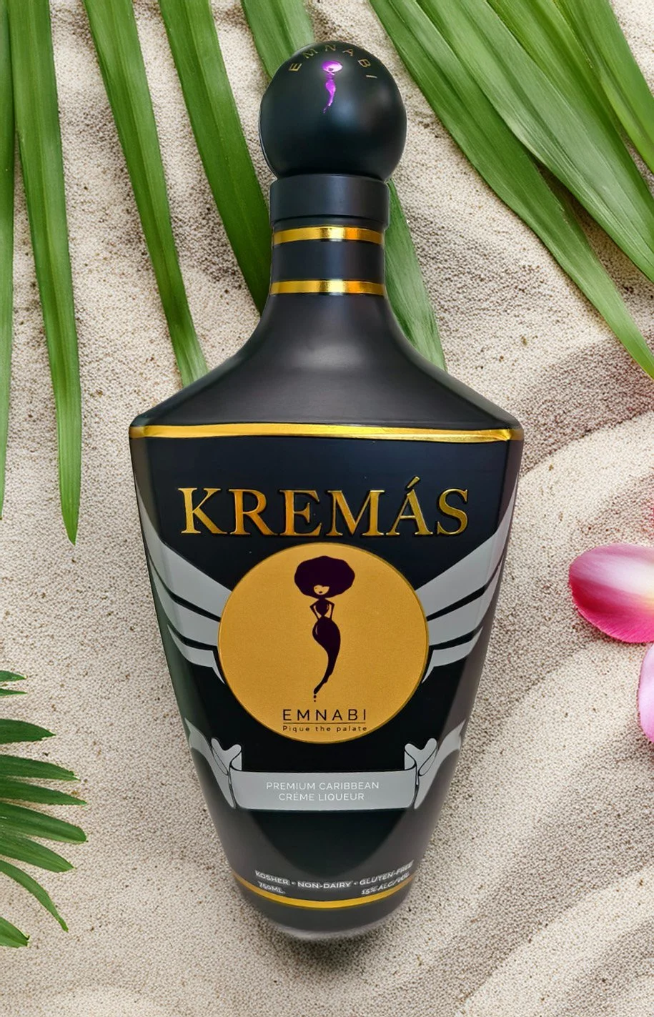 A black bottle of Kremas Chibisi liqueur with gold and white accents.